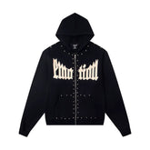 Mixed EMOTION Studded Gothic Letter Black Full‑Zip Hoodie