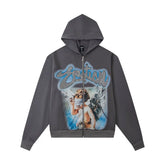 Mixed EMOTION Rhinestone Cursive Blindfolded Angel Grey Full‑Zip Hoodie