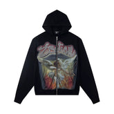 Mixed EMOTION Rhinestone Cupid Angel Vintage Art Black Full‑Zip Hoodie