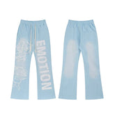 MIXED EMOTION Cupid Angel Print Vintage Washed Light Blue Flared Sweatpants