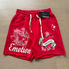 Mixed EMOTION Cupid Heart Graphic Red Raw Hem Sweat Shorts