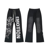 MIXED EMOTION Cupid Angel Print Vintage Washed Black Flared Sweatpants