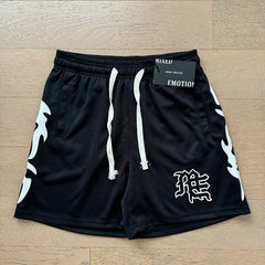 Mixed EMOTION White Flame Graphic ME Monogram Black Mesh Shorts