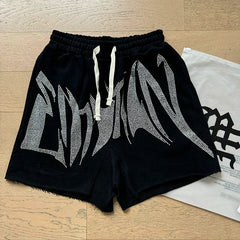 Mixed EMOTION Rhinestone Gothic Letter Raw Hem Black Sweat Shorts
