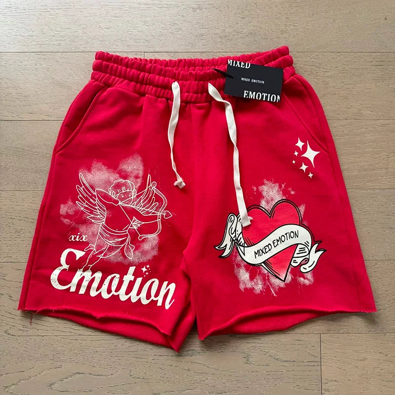 Mixed EMOTION Cupid Heart Graphic Red Raw Hem Sweat Shorts
