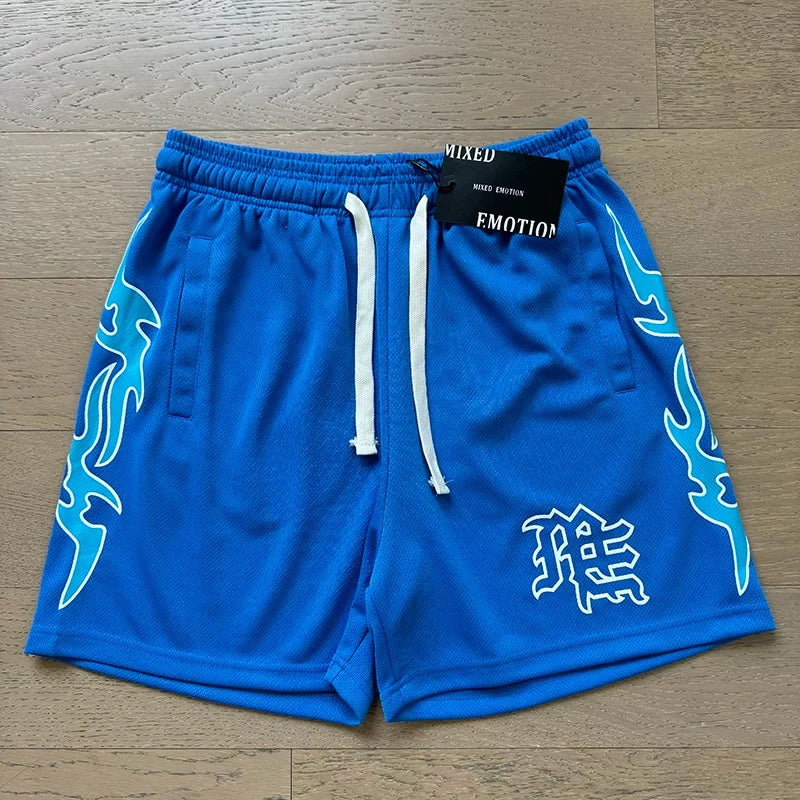 Mixed EMOTION Blue Flame Graphic ME Monogram Royal Blue Mesh Shorts