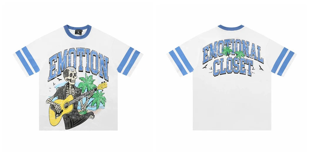 Mixed EMOTION Skeleton Guitar Player Beach Blue Ringer Oversized Graphic Tee