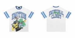 Mixed EMOTION Skeleton Guitar Player Beach Blue Ringer Oversized Graphic Tee